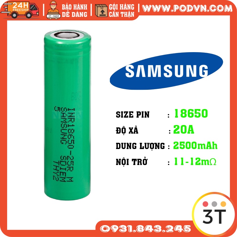 Pin Samsung 25R INR 18650 20A 2500mah Chính hãng Original vapeland.vn