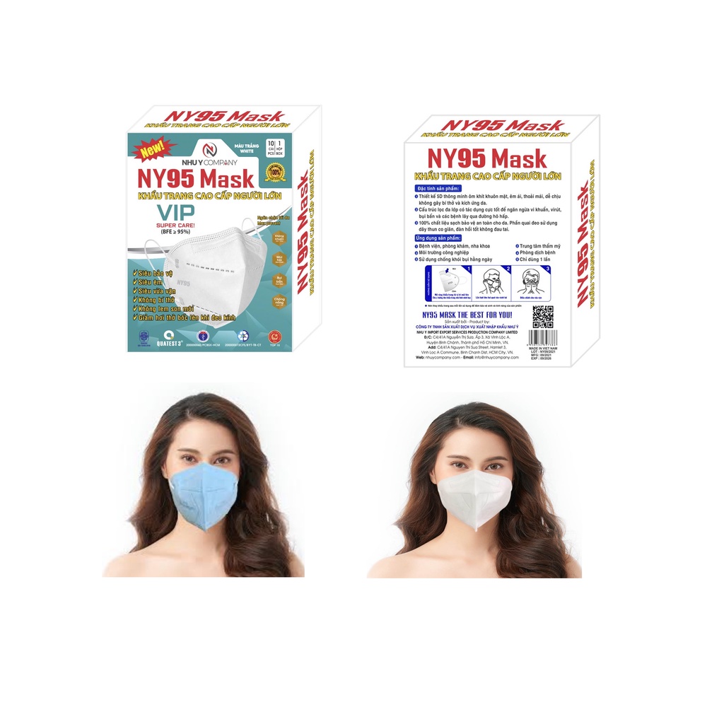 Hộp 10 cái Khẩu trang cao cấp người lớn NY95 Mask Sx tại cty Như Ý, Siêu bảo vệ, Kháng khuẩn, Chống bụi bẩn, Chống tiaUV