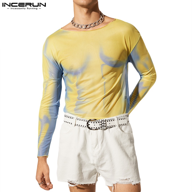 INCERUN Áo Thun Tay Dài Cổ Tròn In Hình Cơ Bắp Phối Lưới Thời Trang Cho Nam