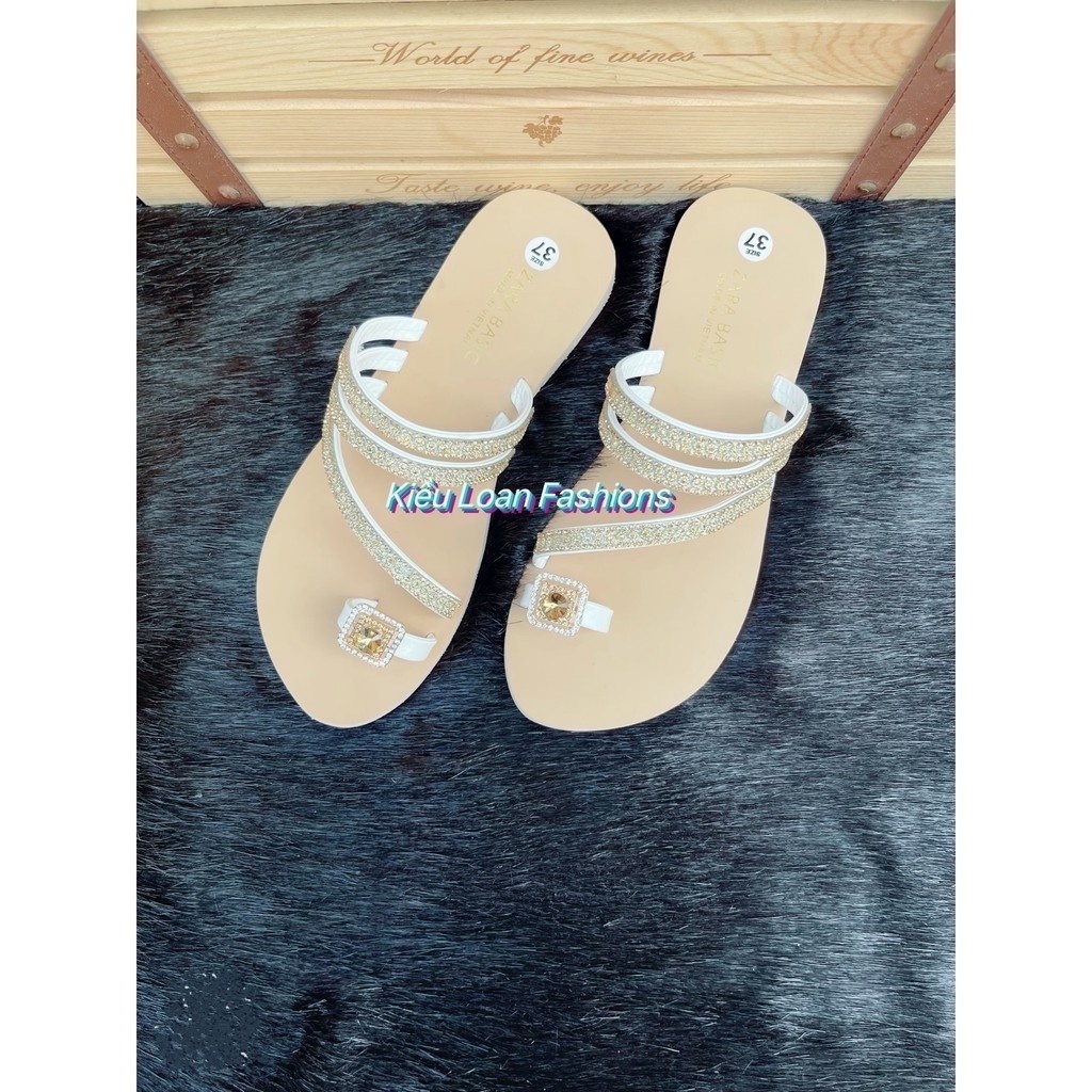 Giày (Dép) Sandal nữ xỏ ngón 2 quai chéo đính đá đế bệt, dép quai hậu học sinh đi học. đi chơi, đi biển