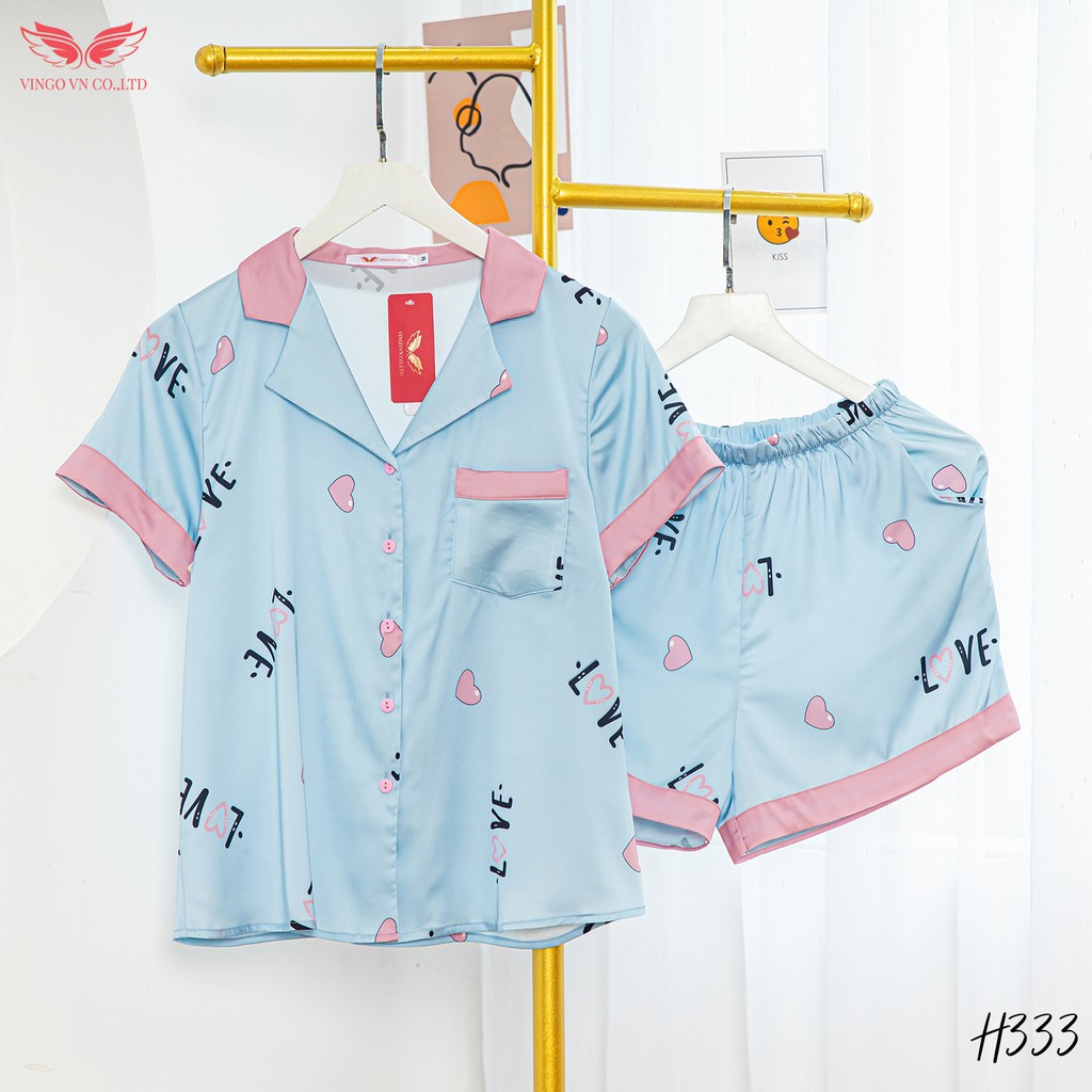 VINGO Bộ Pijama Nữ Mặc Nhà Mùa Hè Lụa Pháp Tay Cộc Quần Cộc Họa Tiết Tim Hồng Chữ Love Cao Cấp H333 VNGO