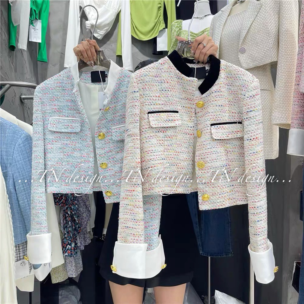Áo nữ LINH RUBI STORE dạ tweed dáng ngắn cổ tàu tay phối mangtec cực sang A589