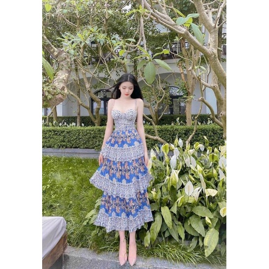 Đầm maxi dập ly tầng họa tiết