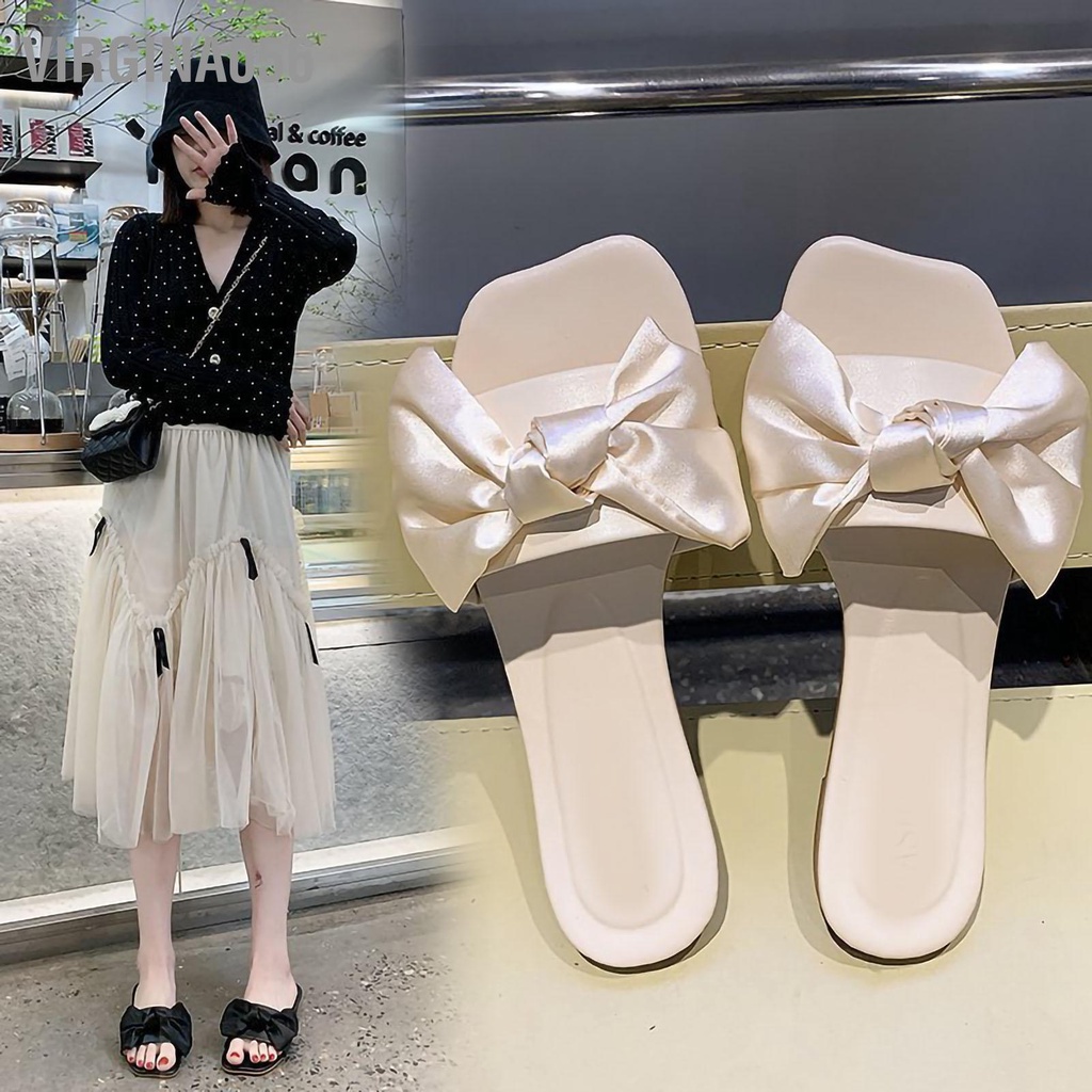 Virgina056 Phụ nữ Dép đi trong nhà Bowknot Quai mở Toe Mùa hè trượt phẳng cho Bãi biển