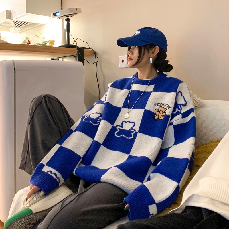 Áo sweater chui đầu kẻ caro họa tiết gấu dáng rộng phong cách Hàn Quốc thời trang thu đông cho nam