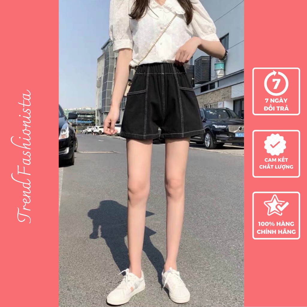 Quần đùi nữ kaki from rộng chỉ nổi BASIC lưng cao hàng chuẩn shop