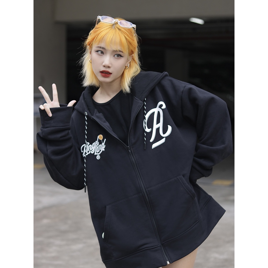 Áo Khoác Hoodie Khoá Kéo Angel-Land HIGH ANGEL Màu ĐEN Chính hãng Nỉ Bông [HAZB]