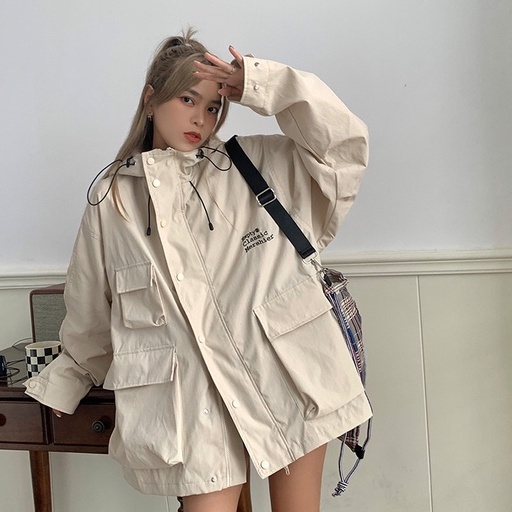 QKOOLE  Áo Khoác Nữ Dài Tay Có Mũ Thời Trang Hàn Quốc