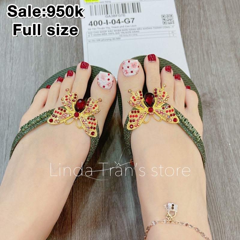 dép HVN kim tuyến xanh rêu mix charm