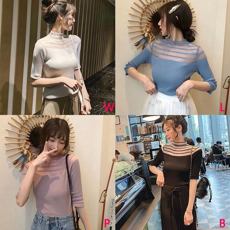 Áo nữ dệt kim tay lửng cổ lọ thiết kế đơn giản thanh lịch thời trang
