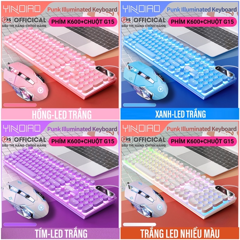 BÀN PHÍM K600 VÀ CHUỘT G5-G15 YINOIAO GAMING CÓ DÂY LED XUYÊN CHỮ DÙNG CHO MÁY TÍNH LAPTOP Nhiều Màu Hồng Trắng Xanh Tím