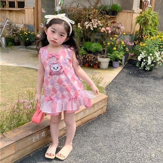 Set Áo Sát Nách Phối Ren + Chân Váy Ngắn Họa Tiết Hình Thoi Hoạt Hình Thời Trang Mùa Hè 2022 Cho Bé