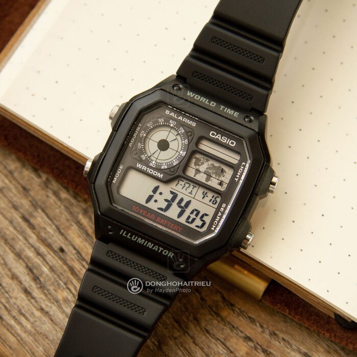 (Thẻ bảo hành 12 tháng) Đồng hồ nam Casio AE 1200-WHD classic chống nước , dây thép không gỉ (dây bạc mặt đen)