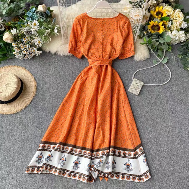 (sẵn M) Váy đầm boho maxi xẻ tà đắp chéo cổ V thắt eo thổ cẩm dáng dài bohemians đi du lịch