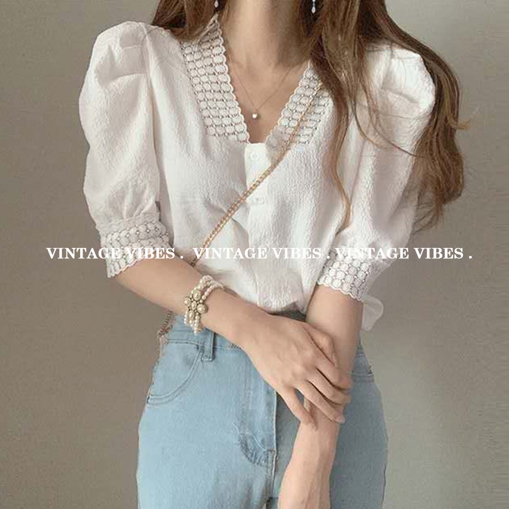 Áo babydoll cổ kiểu ren khâu thanh lịch (hàng QC) - Ảnh thật