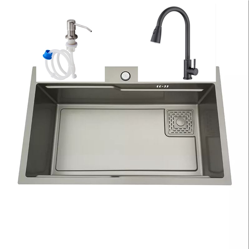 Bộ Chậu rửa chén bát INOX 304 cao cấp 1 hố cỡ 75x46cm, công nghệ NANO GHI ĐEN chống trày xước, dễ vệ sinh - QM.CR003