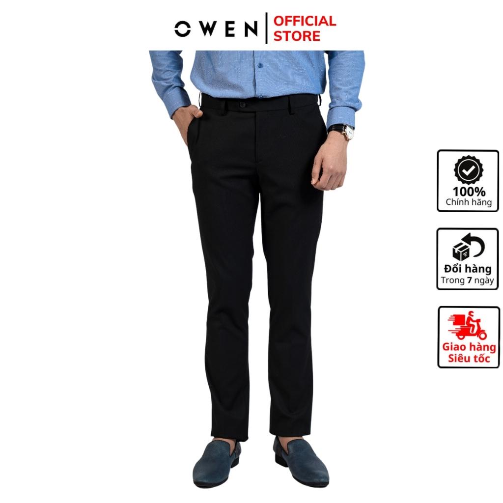 Quần âu tây nam công sở cao cấp OWEN QST220509 dáng slim fit ống ôm cạp chun màu đen trơn vải polyester mềm mát