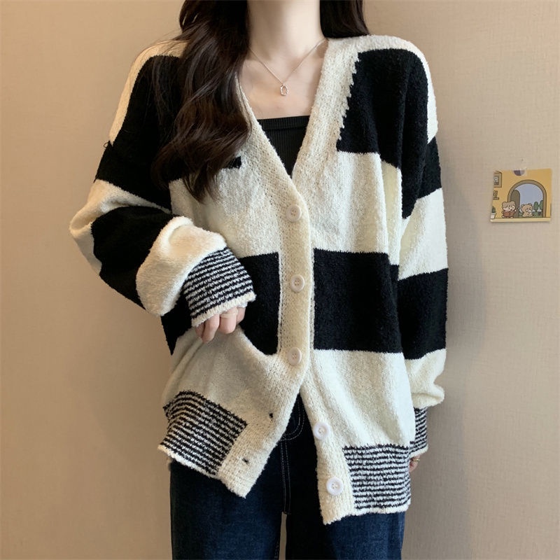 Áo Khoác Len Cardigan Mềm Mại Dáng Rộng Họa Tiết Kẻ Sọc Thời Trang Mùa Thu Cho Nữ