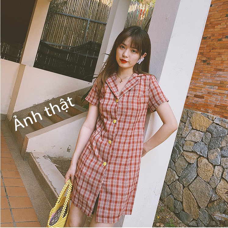 Váy đầm nữ dễ thương DOL dáng A dạo phố kẻ caro đỏ cài khuy phong cách Retro Hàn Quốc hot hè 2019 - ảnh thật
