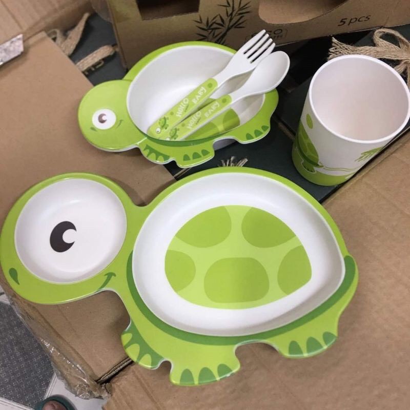 Set 5 món Khay, Bát, Cốc, Thìa, Dĩa ăn dặm hình con rùa hữu cơ tự nhiên SHALL