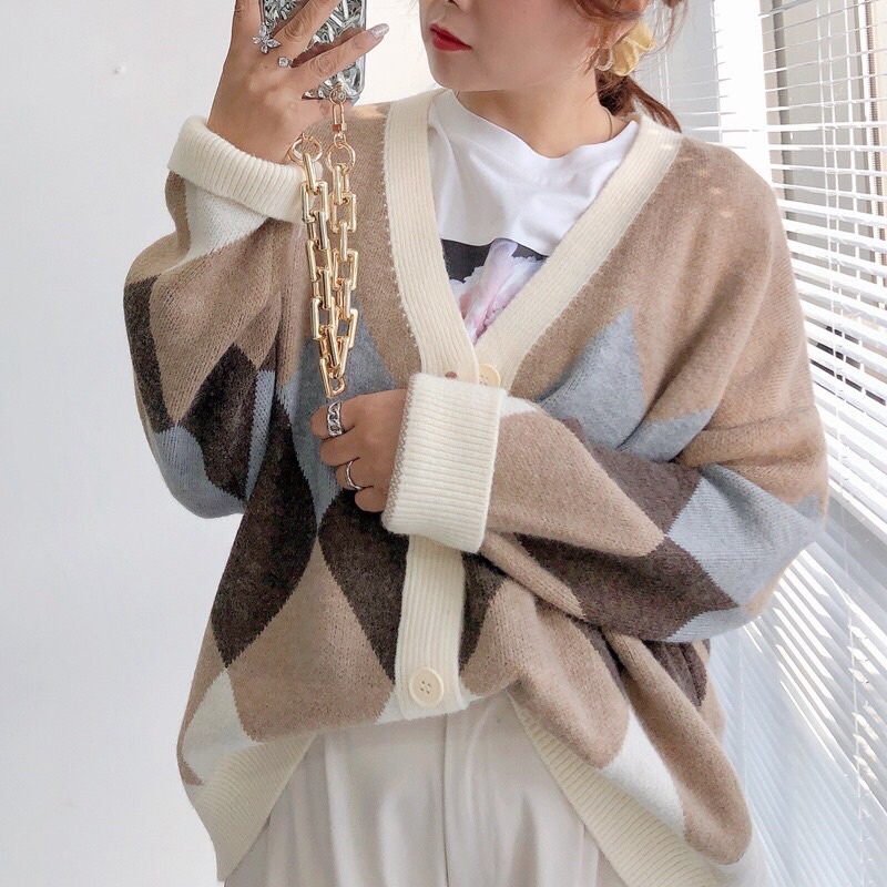 Áo khoác Cardigan len hoạ tiết trám phối màu, Áo khoác len dáng dài trùm mông(kèm ảnh/video shop chụp) | BigBuy360 - bigbuy360.vn