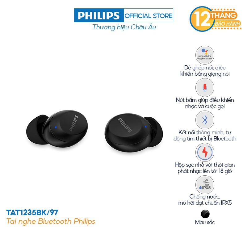 Tai nghe Philips Bluetooth Có Bass TAT1235BK/00 - Màu đen - Hàng Chính Hãng