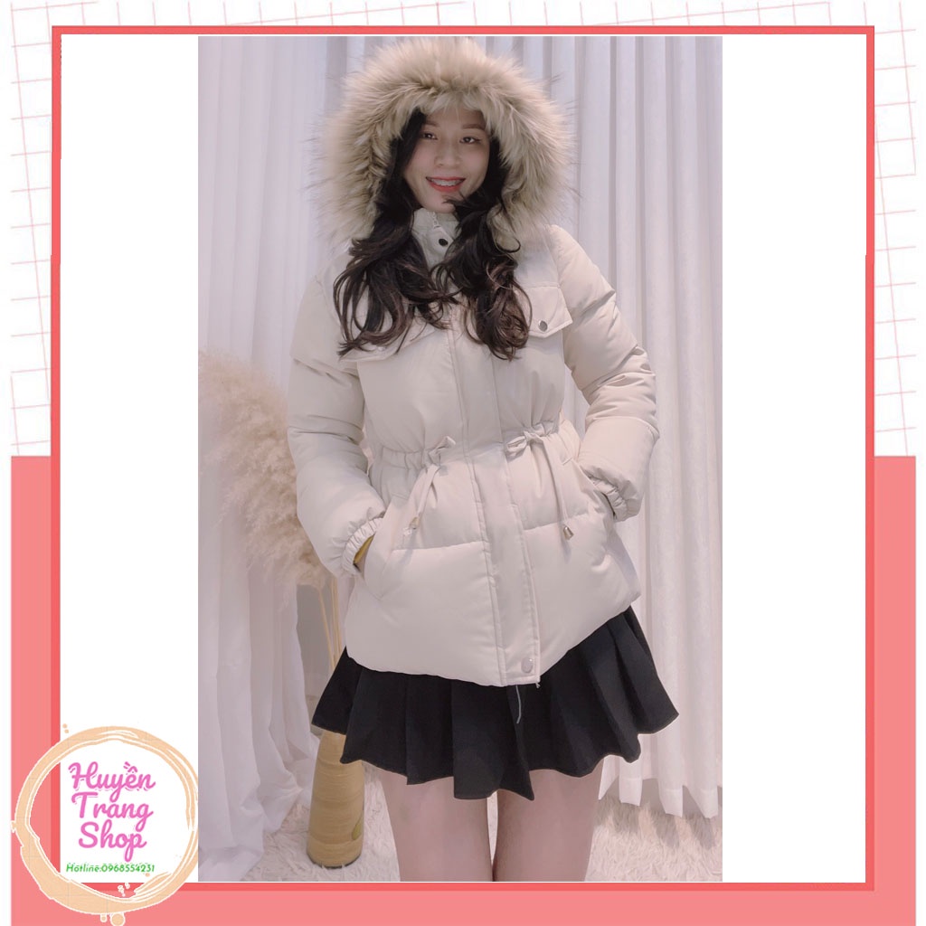 Áo phao Nữ cách điệu dây rút kèm mũ lông siêu Hot
