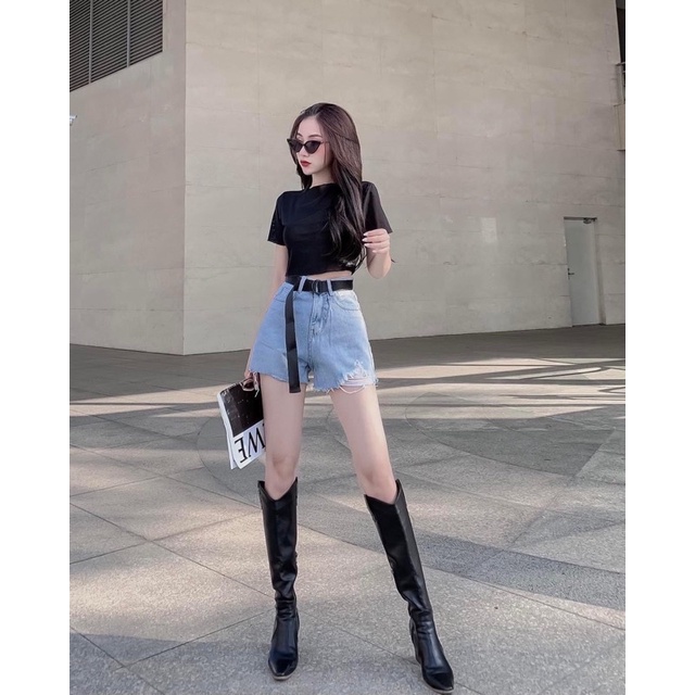 Quần Sọt Jeans Phôi da Lưng Cao Tôn Dáng YuRi Quần Đùi Nữ Rách