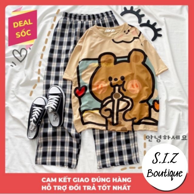 Set Đồ Bộ Nữ Quần Caro Kate Ống Rộng NHIỀU MẪU 01 * Đồ Bộ Hoạt Hình Freesize S.I.Z Fashion