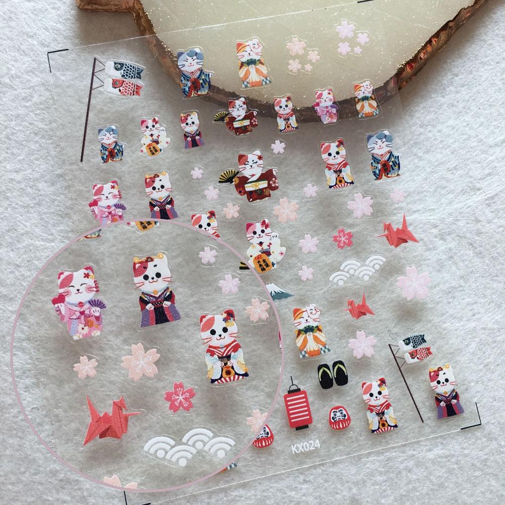 Miếng Dán Trang Trí Móng Tay 3D Họa Tiết Hoa Anh Đào Và Mèo May Mắn Kiểu Kimono Nhật Bản