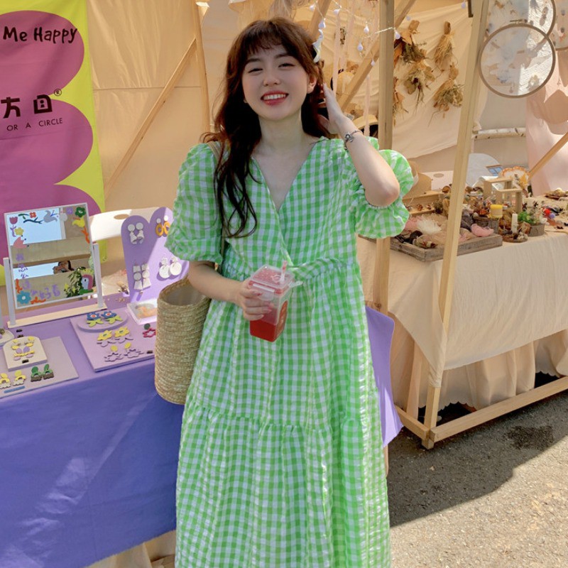 Đầm (váy) ngọt ngào kẻ ô caro xanh dáng xòe Korea (Hàn Quốc)