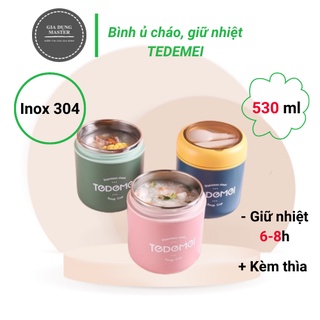 Bình ủ cháo, cốc đựng canh Tedemei chất liệu Inox 304, có kèm theo thìa, dung tích 530ml giữ nhiệt.