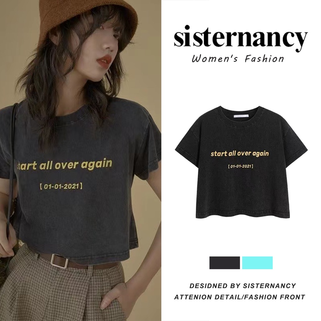 Áo Thun Crop Top Eo Cao In Chữ Phong Cách retro