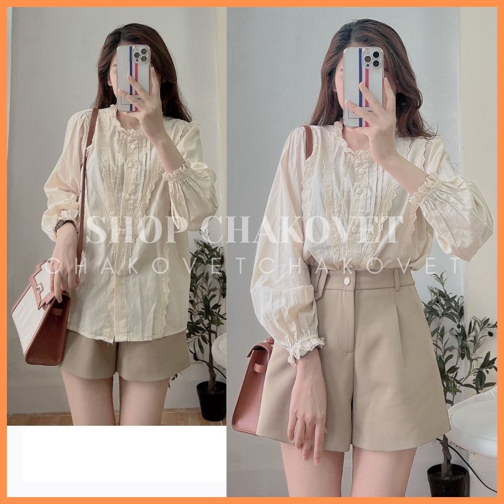 Áo sơ mi nữ tay dài họa tiết cổ ren A8146, kiểu áo nữ xếp ly ren ngực cá tính mặc đẹp dánh xinh style hàn quốc