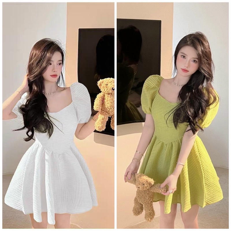 ĐẦM XỐP XOÈ TAY BÚP PHỒNG TRẮNG/XANH BƠ KTGIMI ( Kèm ảnh thật)