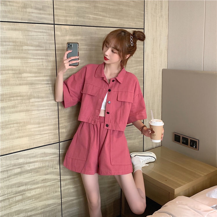 Set Áo Thun Tay Ngắn + Quần Short Ống Rộng Phong Cách Hàn Quốc Thời Trang Mùa Hè Cho Nữ