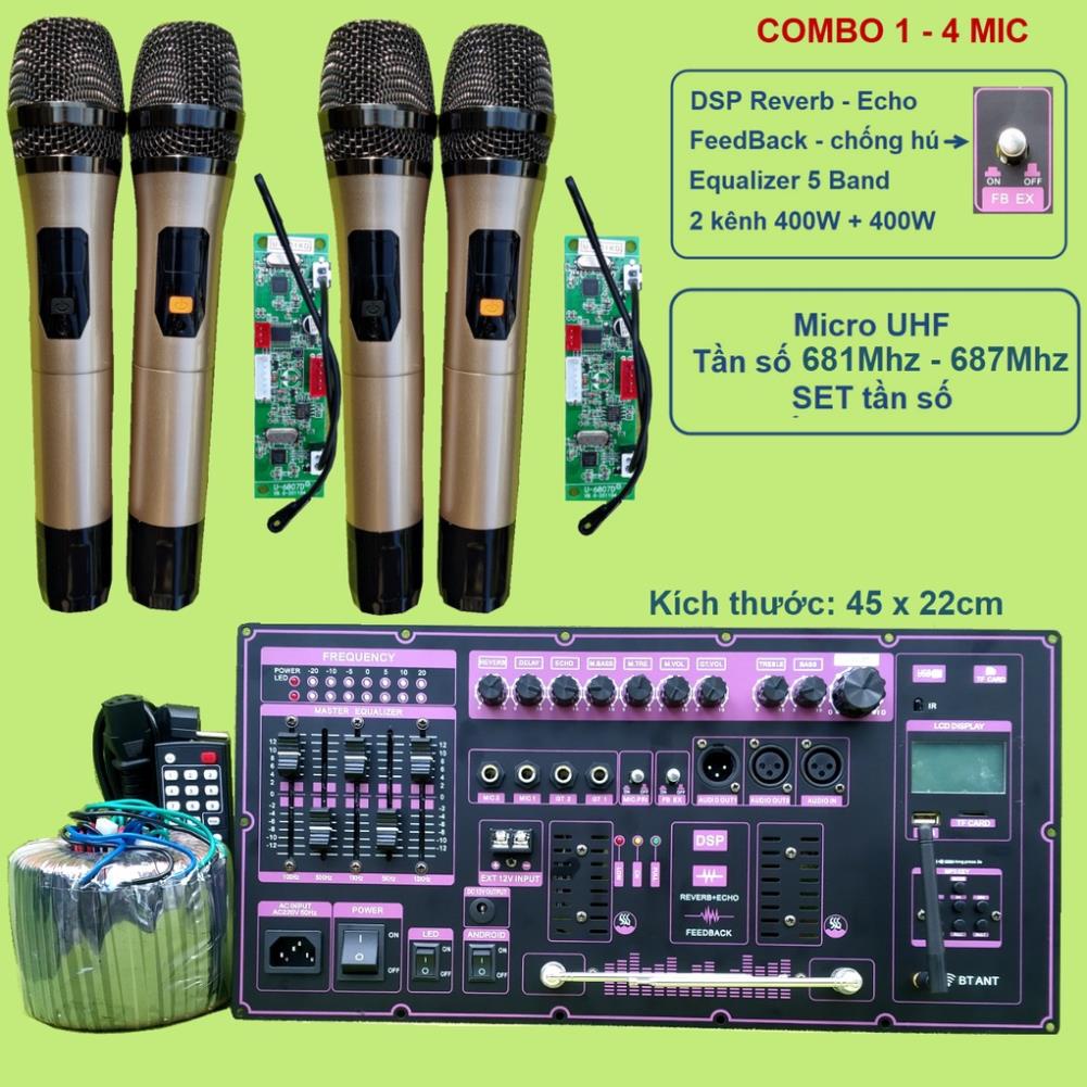 Mạch loa kéo 2 kênh chống hú kèm Micro UHF 681 – 687Mhz Equalizer 5 Band loa kéo 4 tấc đôi, 5 tấc đôi, 6 tấc đôi