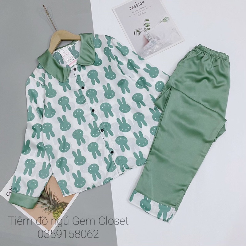 Bộ mặc nhà cổ sen dài tay quần dài hoạ tiết xinh xắn lụa loại 1 (Ảnh thật)