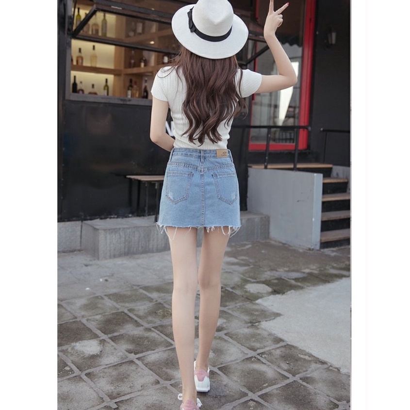 Xả Kho : Chân váy bò Jeans thiết kế lưng cao Denim giả váy trong có quần size to cá tính đóng cúc