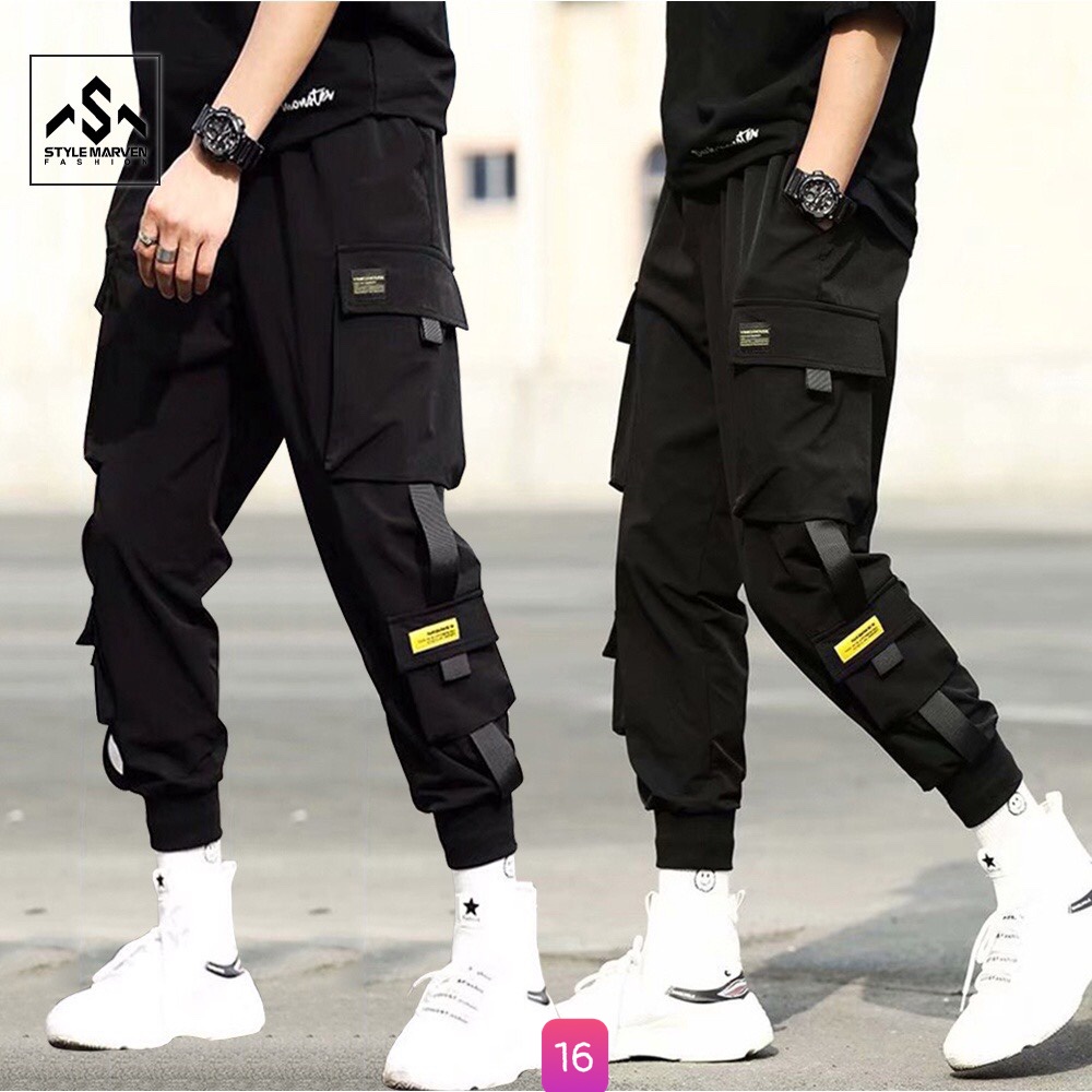 Quần Jogger Kaki thể thao lưng thun ống bó túi hộp đen kem phong cách M138