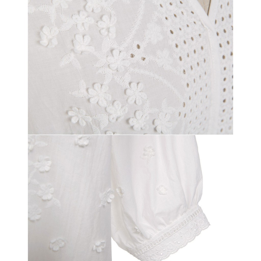 Áo sơ mi dài tay màu trắng cổ chữ V họa tiết thêu 28130