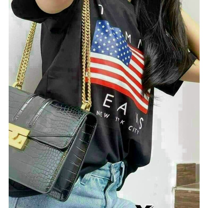 Áo thun nữ cổ tròn tay ngắn in hình, áo lá cờ mỹ màu đen 100% cotton có size