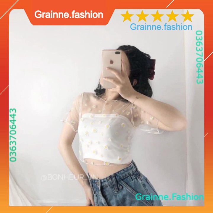 SET 2 MÓN CROPTOP HOA CÚC LƯỚI ❤️ SET ÁO TUBE QUÂY MIX ÁO REN LƯỚI CHIFON HOA CÚC ĐEN TRẮNG 💎 👗👑- GNFShop