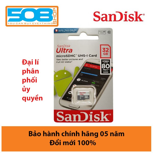Thẻ nhớ SanDisk 32GB Mirco SD Ultra Class 10 80Mb/s – Bảo hành chính hang 5 năm
