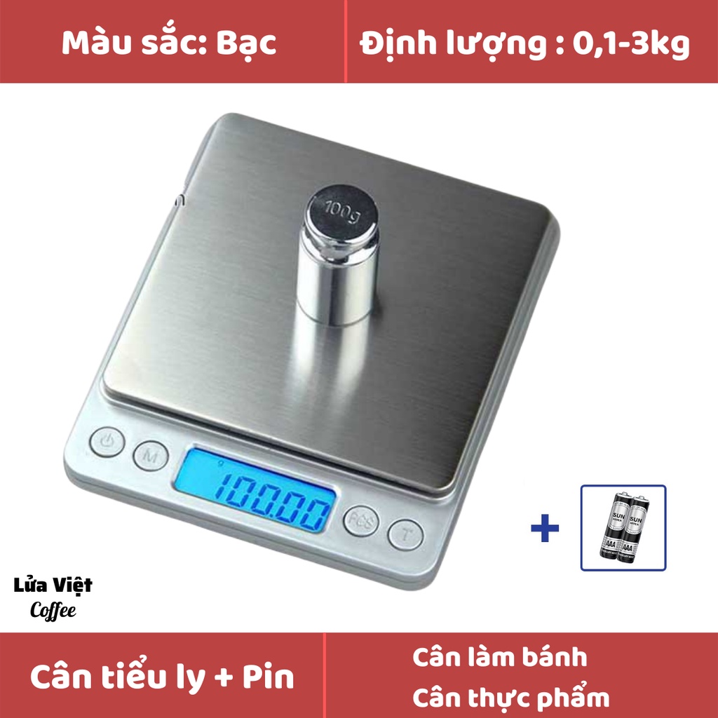 Cân Tiểu Li điện tử nhà bếp kitchenn định lượng 0,1-3kg làm bánh cân cao cấp 3kg tặng kèm 2 viên pin AA