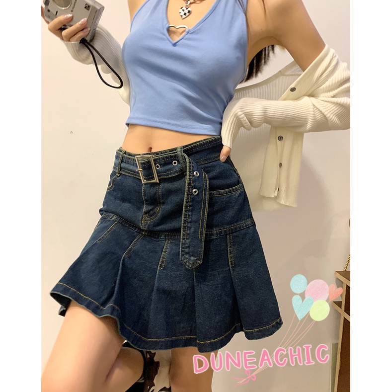 DUNEA Chân váy jean Dáng Chữ A Lưng Cao Xếp Ly Kiểu Retro Gợi Cảm Cho Nữ