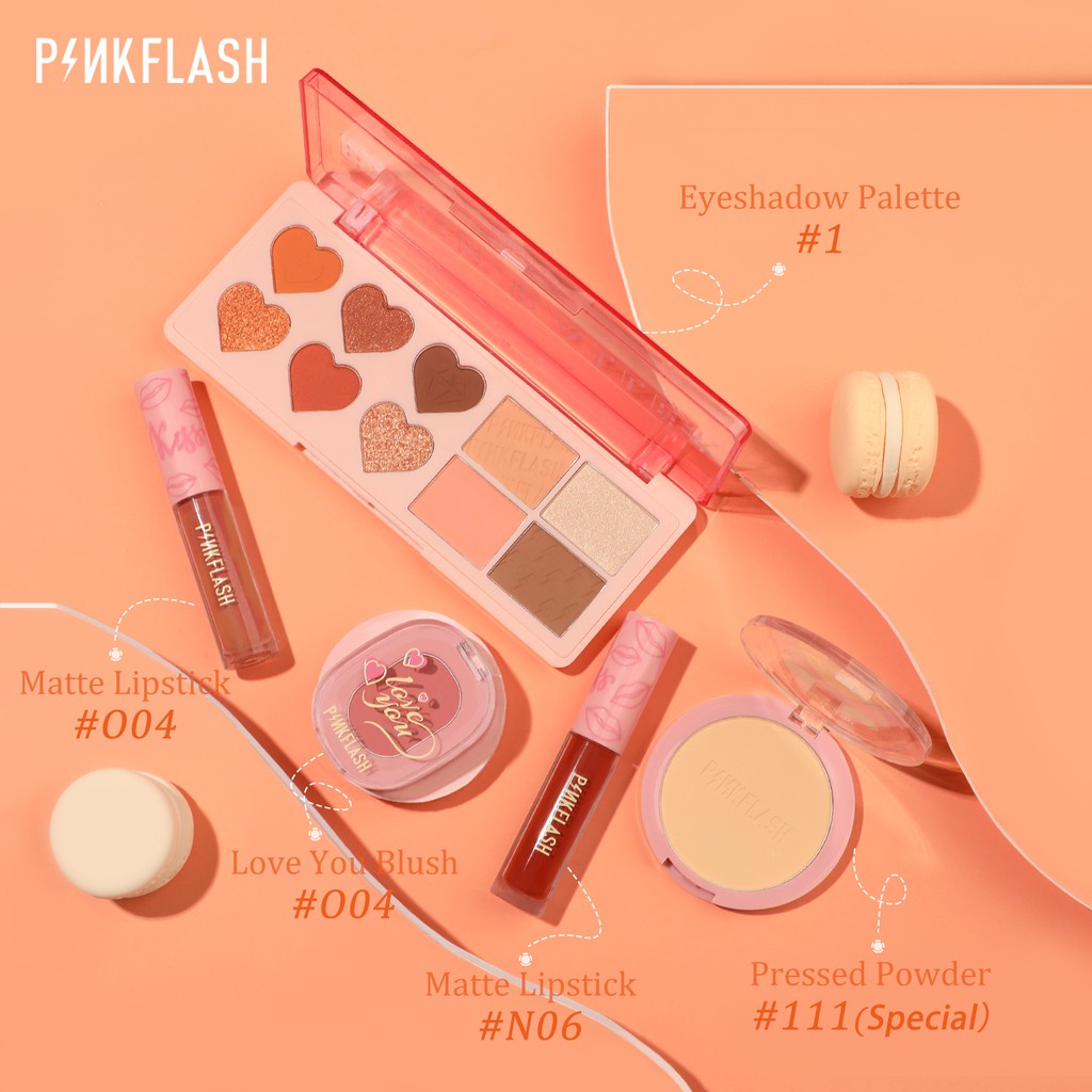 PinkFlash Bộ 5 mỹ phẩm gồm phấn nền dạng nén + phấn mắt + phấn má hồng + son mềm mại lên màu đậm chất lượng cao