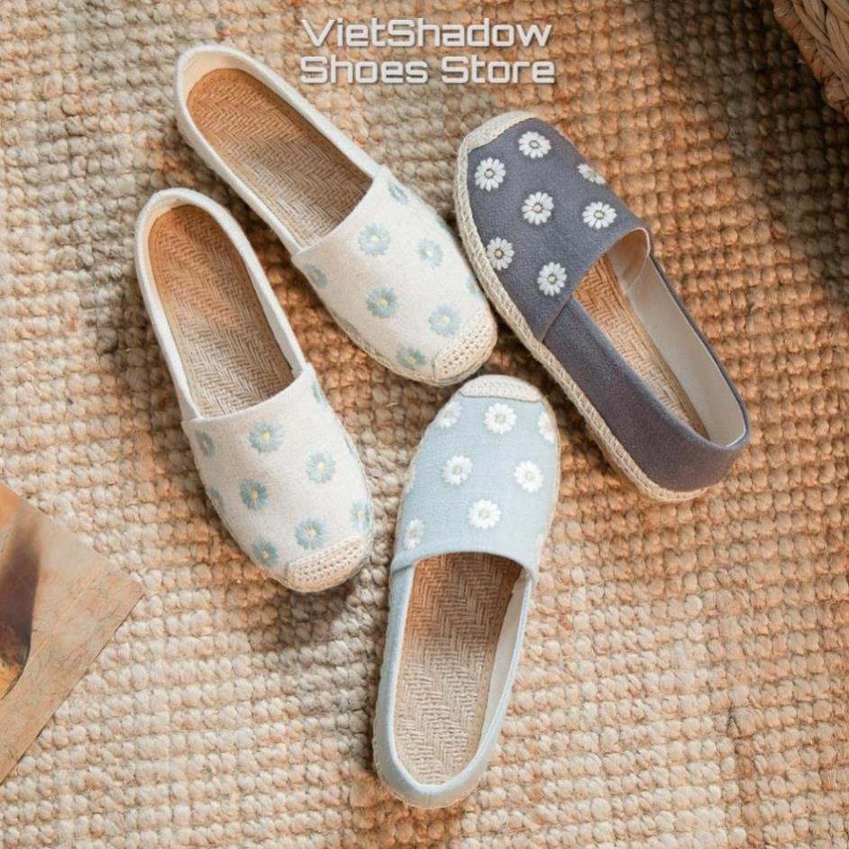 Slip on cói nữ - Giày lười vải thêu bông cúc - Chất liệu vải bố 3 màu (xanh), (xám) và (khaki) - Mã SP X-18 . ' ' . II ^