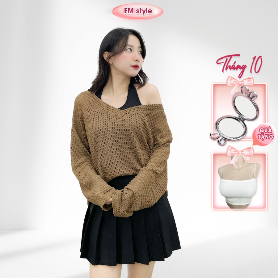 Set áo kiểu nữ FM Style vải lưới cổ tim tay dài kèm áo ống choàng cổ thời trang phong cách Ulzzang 209130014