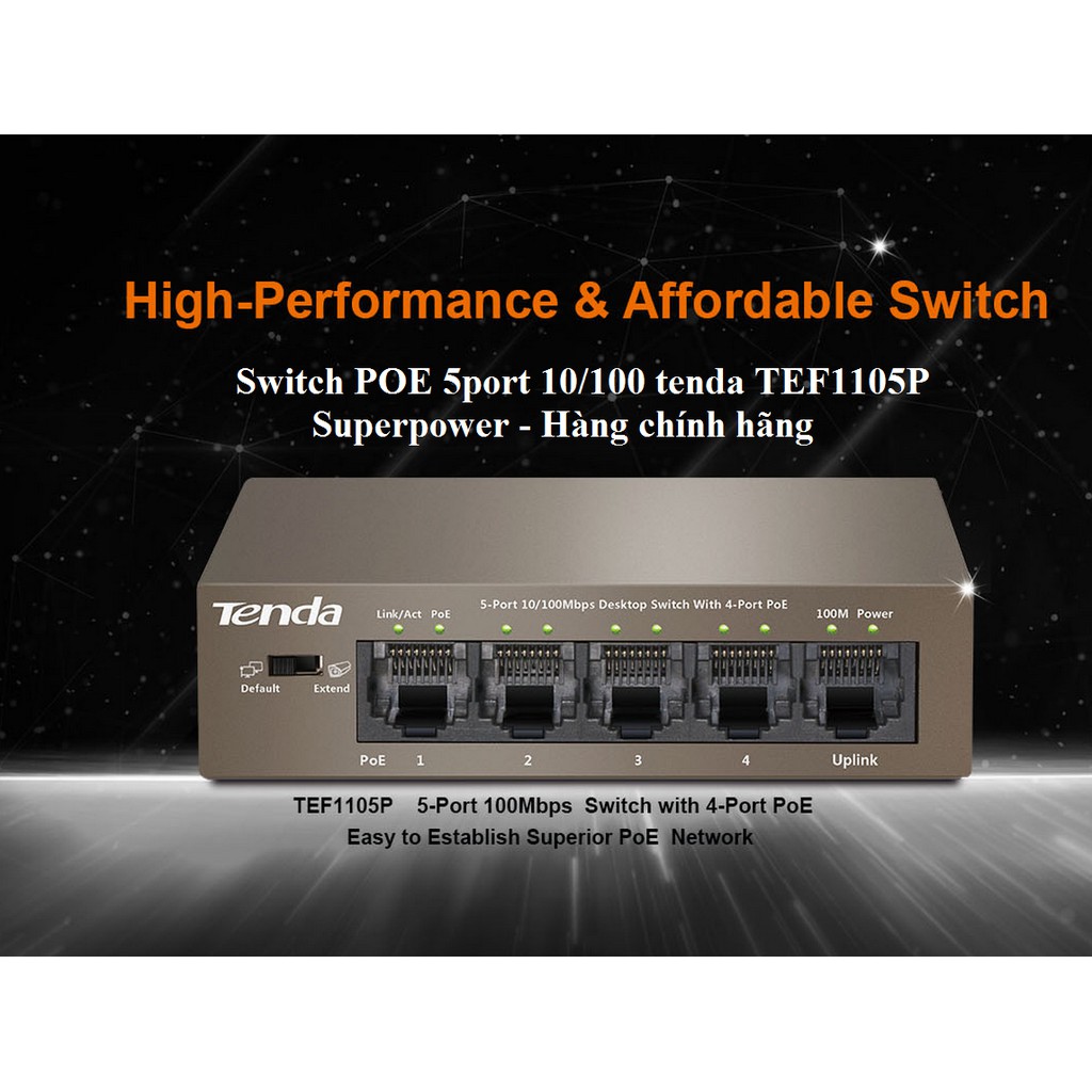 [Mã 254ELSALE giảm 7% đơn 300K] Switch POE 5port 10/100 tenda TEF1105P Superpower - Hàng chính hãng